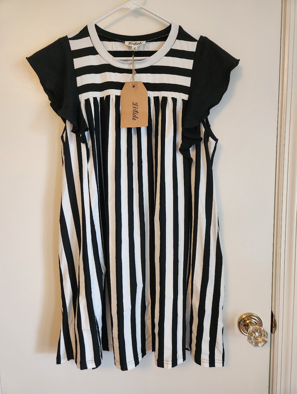 Women's Black & White Striped Ruffle Sleeve Dress